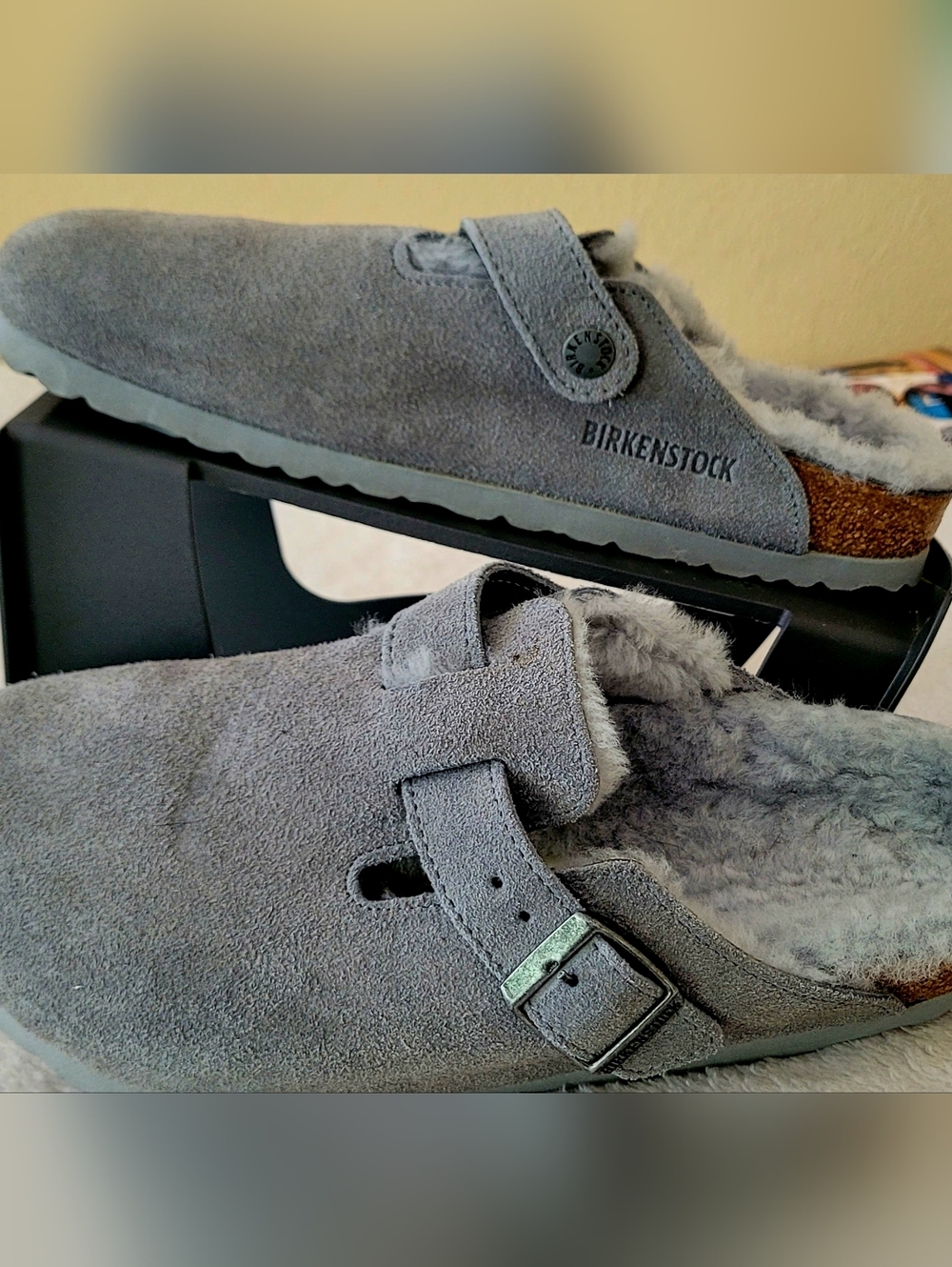 Birkenstock Boston Shearling Suede Leather Grey Clogs Size 38/7.5 Women's